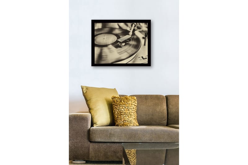Indrammet lærredstryk i træ - 41x56 cm - Vintage pladespiller med roterende plade - Sort / Brun / Guld - Boligtilbehør - Billeder & kunst