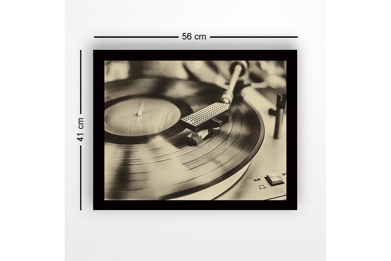 Indrammet lærredstryk i træ - 41x56 cm - Vintage pladespiller med roterende plade - Sort / Brun / Guld - Boligtilbehør - Billeder & kunst