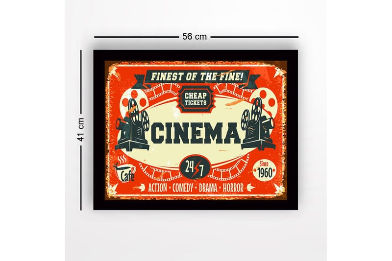 Indrammet lærredstryk i træ - 41x56 cm - Vintage plakat til biograf med filmprojektor og billetter - Rød / Sort / Beige - Boligtilbehør - Billeder & kunst
