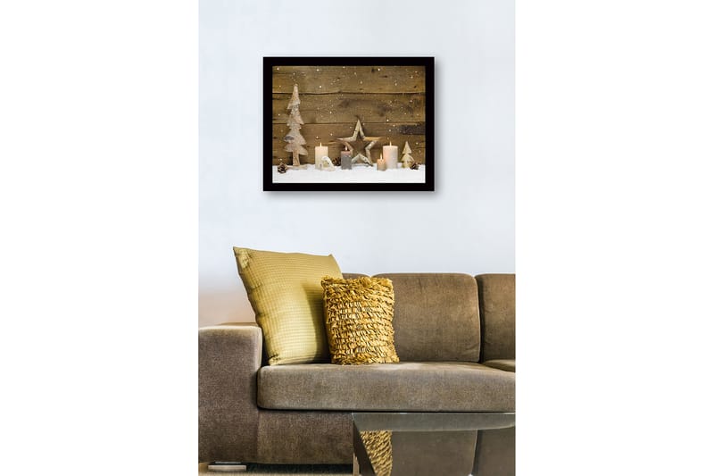 Indrammet lærredstryk i træ - 41x56 cm - Vinterlandskab med dekorationer af træer og lys - Hvid / Beige / Brun - Boligtilbehør - Billeder & kunst