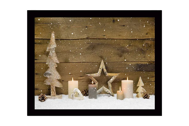 Indrammet lærredstryk i træ - 41x56 cm - Vinterlandskab med dekorationer af træer og lys, Hvid / Beige / Brun