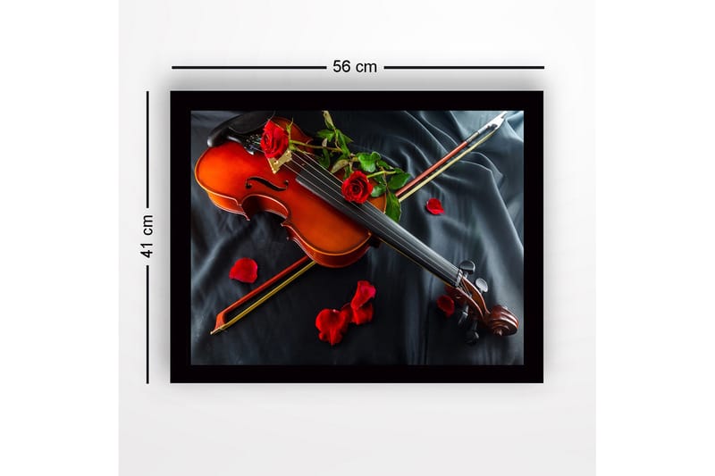 Indrammet lærredstryk i træ - 41x56 cm - Violin omgivet af røde roser og rosenblade - Rød / Brun / Grøn - Boligtilbehør - Billeder & kunst