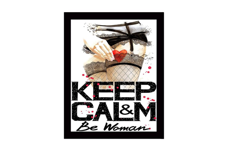 Indrammet lærredstryk i træ - 41x56 cm - Provokerende motiv med en hånd, der holder et hjerte i strømpebukser, Rød / Sort / Beige