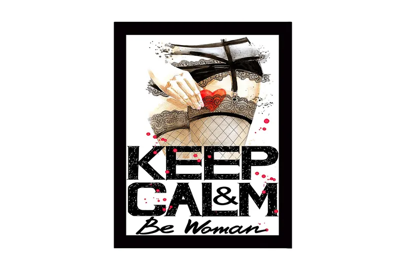 Indrammet lærredstryk i træ - 41x56 cm - Provokerende motiv med en hånd, der holder et hjerte i strømpebukser, Rød / Sort / Beige