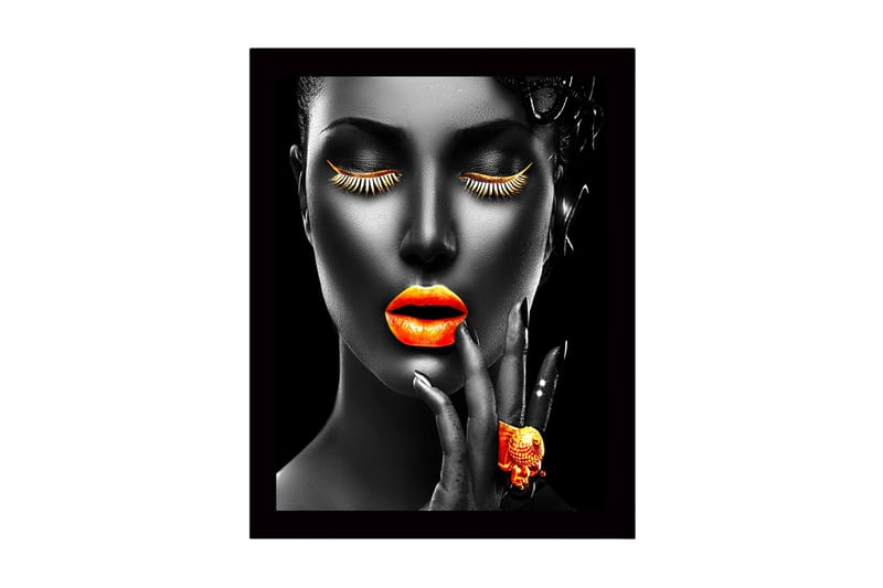 Indrammet lærredstryk i træ - 41x56 cm - Portræt af en kvinde med stærke farver på læber og øjenvipper, Orange / Sort
