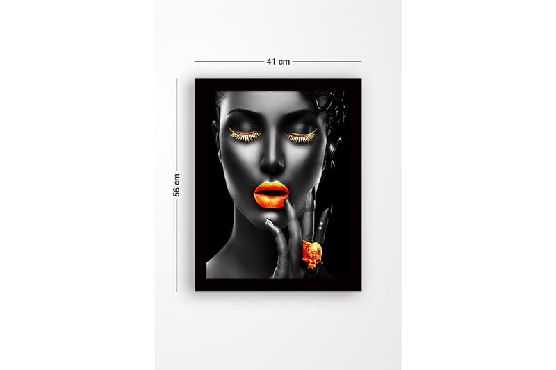 Indrammet lærredstryk i træ - 41x56 cm - Portræt af en kvinde med stærke farver på læber og øjenvipper - Orange / Sort - Boligtilbehør - Billeder & kunst