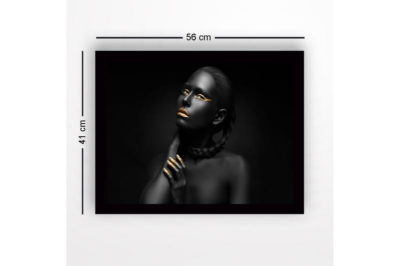 Indrammet lærredstryk i træ - 41x56 cm - Portræt af en kvinde med sort hud og gyldne detaljer - Sort / Guld - Boligtilbehør - Billeder & kunst
