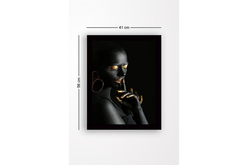 Indrammet lærredstryk i træ - 41x56 cm - Portræt af en kvinde med sort kropsmaling og gyldne detaljer - Sort / Guld - Boligtilbehør - Billeder & kunst