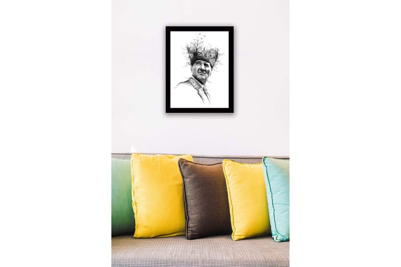 Indrammet lærredstryk i træ - 41x56 cm - Portræt af en mand med en kreativ og naturinspireret hovedbeklædning - Sort / Hvid - Boligtilbehør - Billeder & kunst