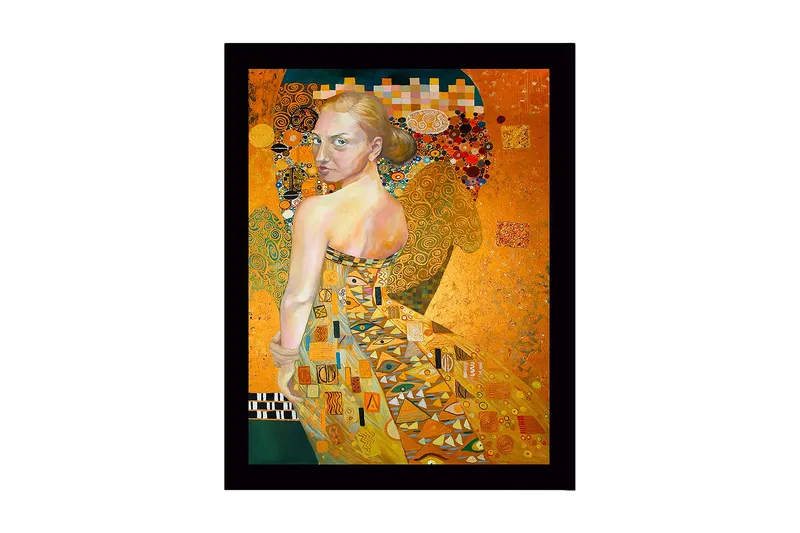 Indrammet lærredstryk i træ - 41x56 cm - Portræt af en kvinde i gylden kjole og detaljerede mønstre - Guld / Beige / Grøn - Boligtilbehør - Billeder & kunst