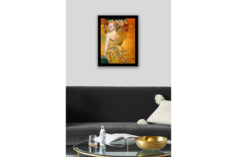 Indrammet lærredstryk i træ - 41x56 cm - Portræt af en kvinde i gylden kjole og detaljerede mønstre - Guld / Beige / Grøn - Boligtilbehør - Billeder & kunst