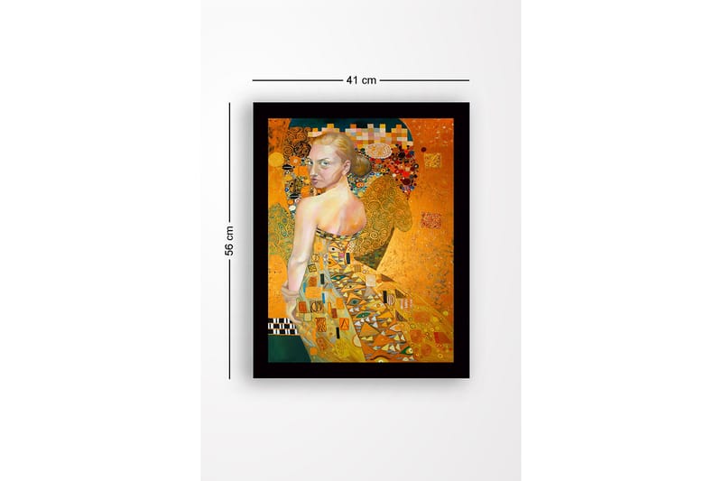 Indrammet lærredstryk i træ - 41x56 cm - Portræt af en kvinde i gylden kjole og detaljerede mønstre - Guld / Beige / Grøn - Boligtilbehør - Billeder & kunst