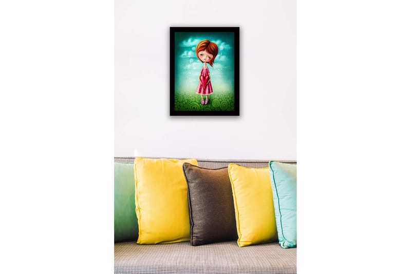 Indrammet lærredstryk i træ - 41x56 cm - Pige med et hjerte i hænderne - Turkis / Pink / Grøn - Boligtilbehør - Billeder & kunst