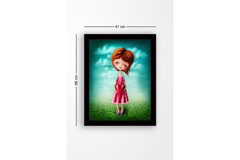 Indrammet lærredstryk i træ - 41x56 cm - Pige med et hjerte i hænderne - Turkis / Pink / Grøn - Boligtilbehør - Billeder & kunst