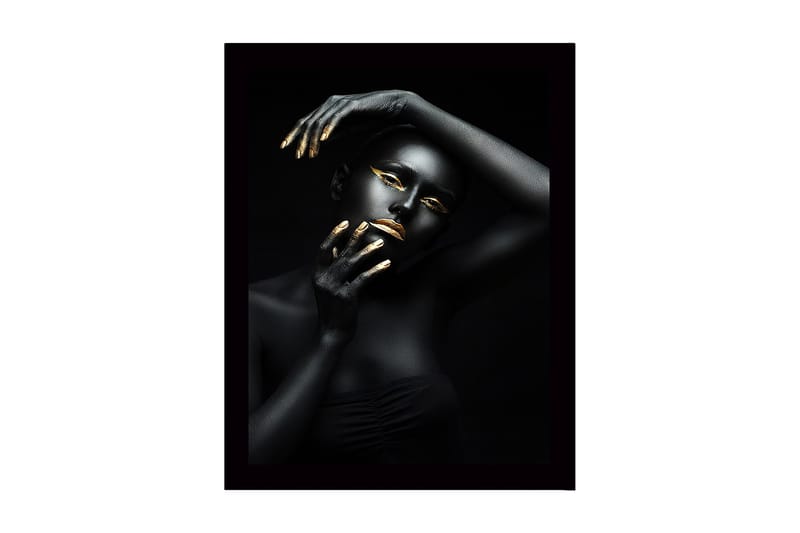 Indrammet lærredstryk i træ - 41x56 cm - Portræt af en kvinde med sort kropsmaling og gyldne detaljer, Sort / Guld