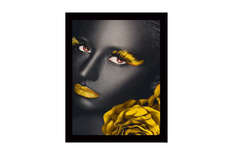 Indrammet lærredstryk i træ - 41x56 cm - Portræt af en kvinde med sort hud og gule detaljer, Sort / Gul / Rød