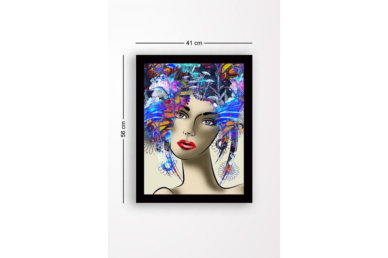 Indrammet lærredstryk i træ - 41x56 cm - Portræt af en kvinde med farverig frisure og stærke ansigtstræk - Blå / Rød / Lilla - Boligtilbehør - Billeder & kunst
