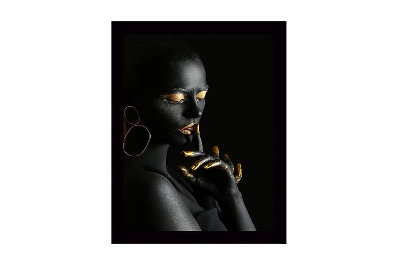 Indrammet lærredstryk i træ - 41x56 cm - Portræt af en kvinde med sort kropsmaling og gyldne detaljer, Sort / Guld