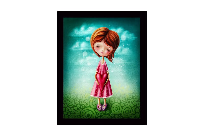Indrammet lærredstryk i træ - 41x56 cm - Pige med et hjerte i hænderne, Turkis / Pink / Grøn