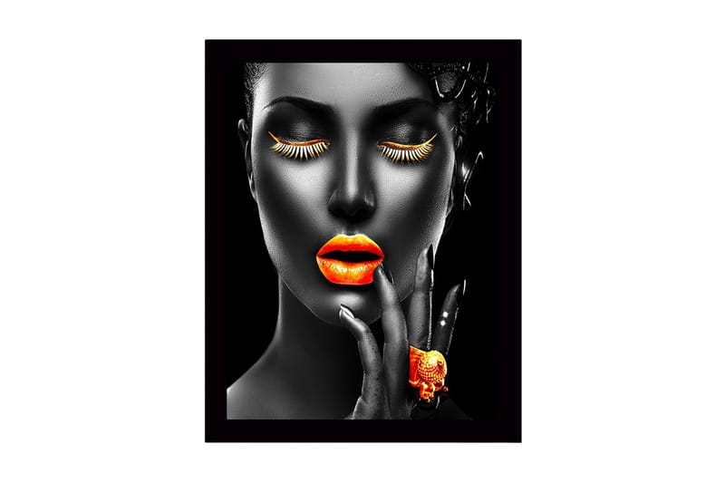 Indrammet lærredstryk i træ - 41x56 cm - Portræt af en kvinde med stærke farver på læber og øjenvipper, Orange / Sort