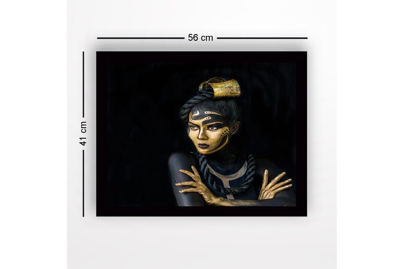 Indrammet lærredstryk i træ - 41x56 cm - Portræt af en kvinde med gylden makeup og detaljerede mønstre - Guld / Sort - Boligtilbehør - Billeder & kunst