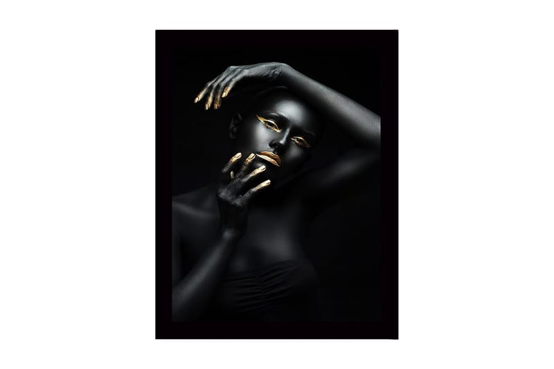Indrammet lærredstryk i træ - 41x56 cm - Portræt af en kvinde med sort kropsmaling og gyldne detaljer, Sort / Guld