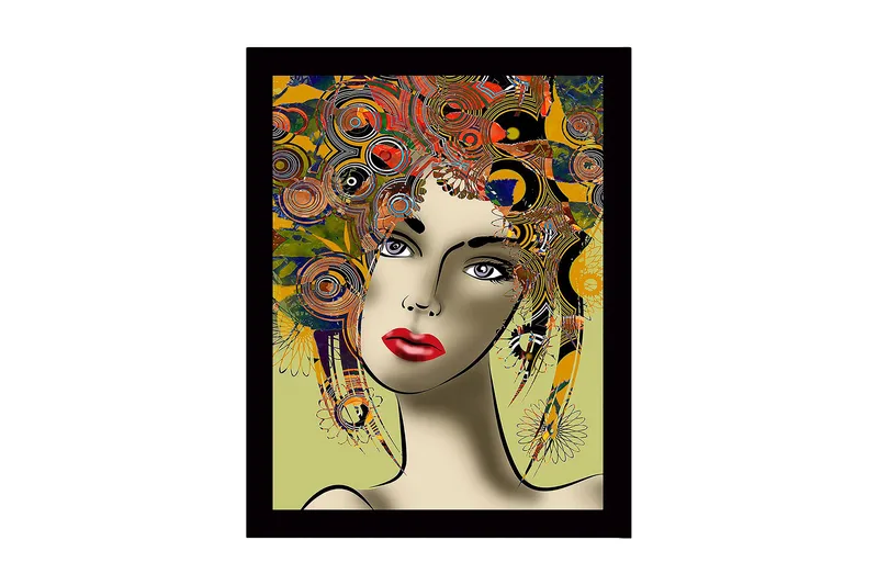Indrammet lærredstryk i træ - 41x56 cm - Portræt af en kvinde med farverig frisure og stærke ansigtstræk, Rød / Gul / Grøn