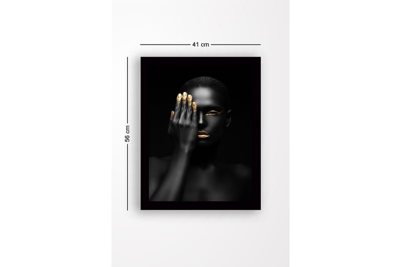 Indrammet lærredstryk i træ - 41x56 cm - Portræt af en kvinde med en hånd, der dækker halvdelen af hendes ansigt - Sort / Guld - Boligtilbehør - Billeder & kunst