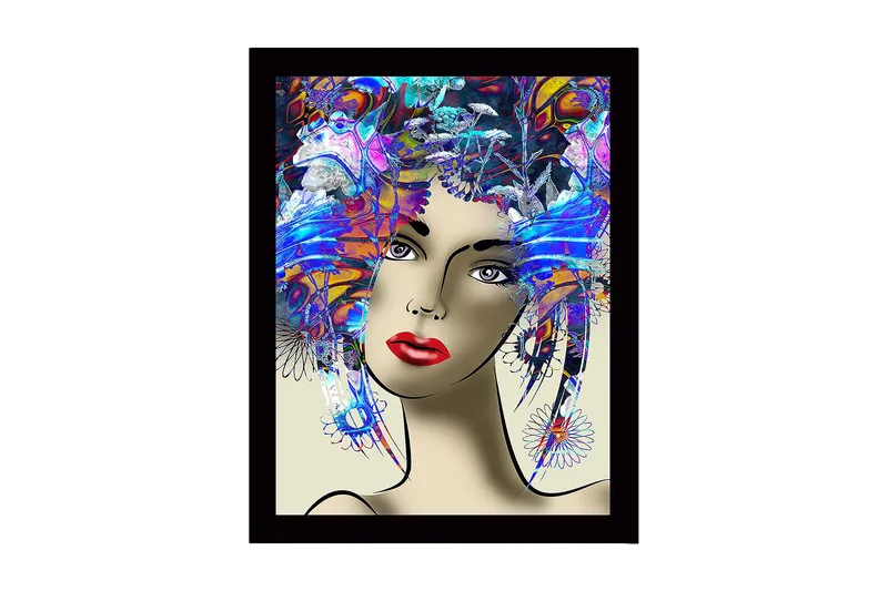 Indrammet lærredstryk i træ - 41x56 cm - Portræt af en kvinde med farverig frisure og stærke ansigtstræk, Blå / Rød / Lilla