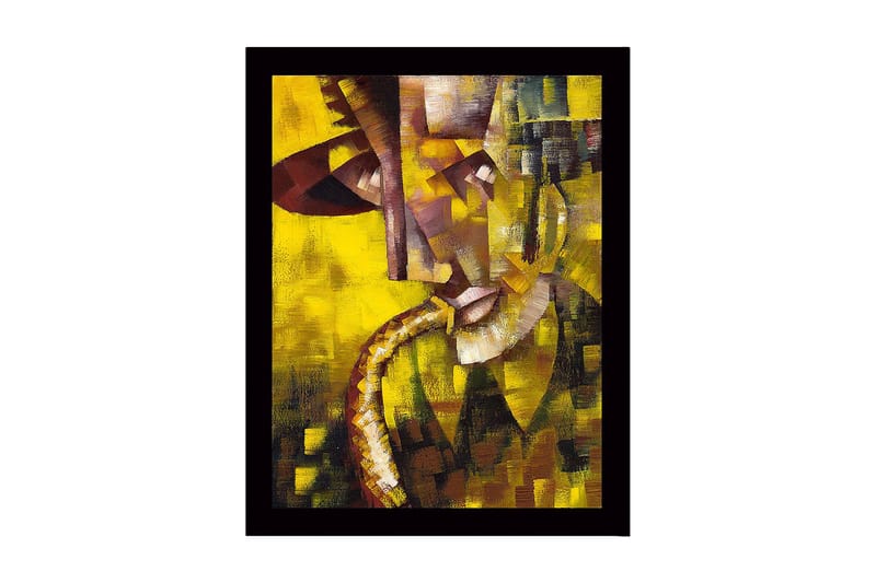 Indrammet trælærredstryk - 41x56 cm - Abstrakt portræt af en musiker med saxofon, Gul / Brun / Grå