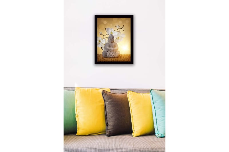 Indrammet trælærredstryk - 41x56 cm - Buddha-statue omgivet af hvide magnolier - Grå / Hvid / Gul - Boligtilbehør - Billeder & kunst