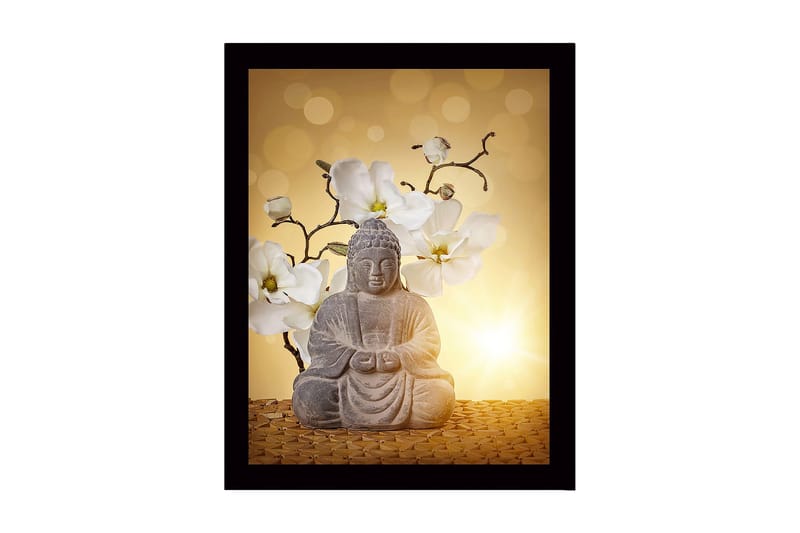 Indrammet trælærredstryk - 41x56 cm - Buddha-statue omgivet af hvide magnolier, Grå / Hvid / Gul