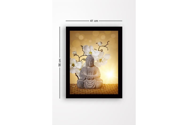 Indrammet trælærredstryk - 41x56 cm - Buddha-statue omgivet af hvide magnolier - Grå / Hvid / Gul - Boligtilbehør - Billeder & kunst