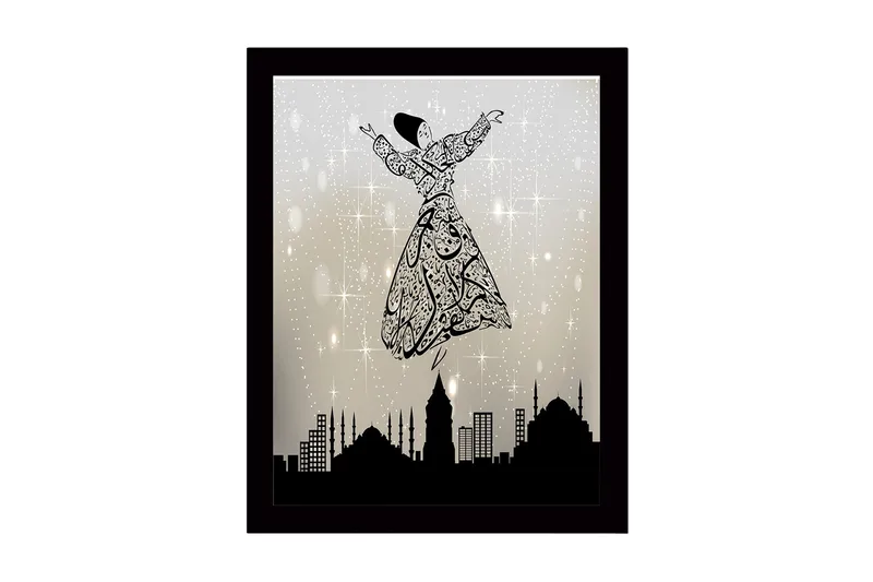 Indrammet trælærredstryk - 41x56 cm - Dansende figur i en udsmykket kjole svæver over en bys skyline, Sort / Grå / Hvid