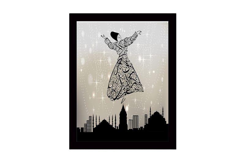 Indrammet trælærredstryk - 41x56 cm - Dansende figur i en udsmykket kjole svæver over en bys skyline, Sort / Grå / Hvid