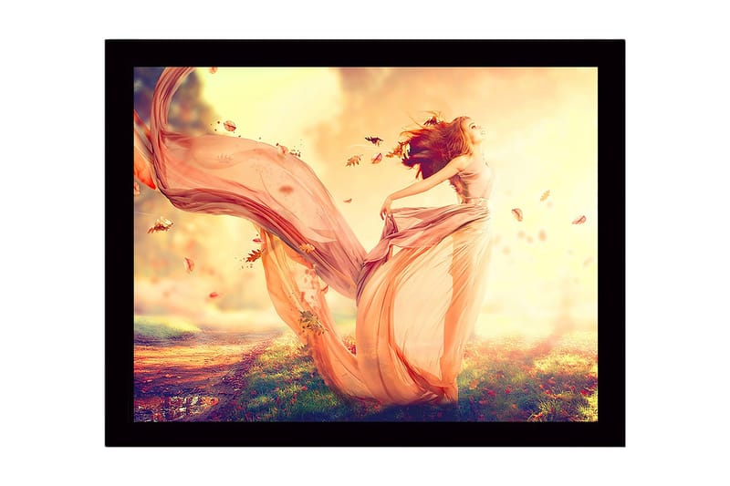 Indrammet trælærredstryk - 41x56 cm - Dansende kvinde i flagrende kjole omgivet af efterårsblade, Lys pink / Orange / Guld