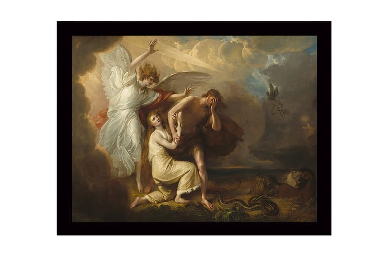 Indrammet trælærredstryk - 41x56 cm - Dramatisk øjeblik med en engel, der beskytter en kvinde og en mand i sorg - Lys beige / Mørkebrun / Hvid - Boligtilbehør - Billeder & kunst