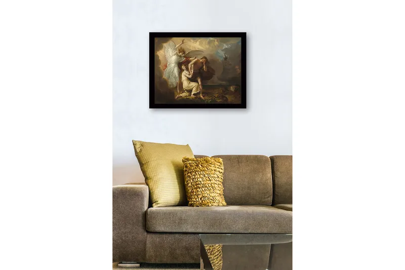 Indrammet trælærredstryk - 41x56 cm - Dramatisk øjeblik med en engel, der beskytter en kvinde og en mand i sorg - Lys beige / Mørkebrun / Hvid - Boligtilbehør - Billeder & kunst