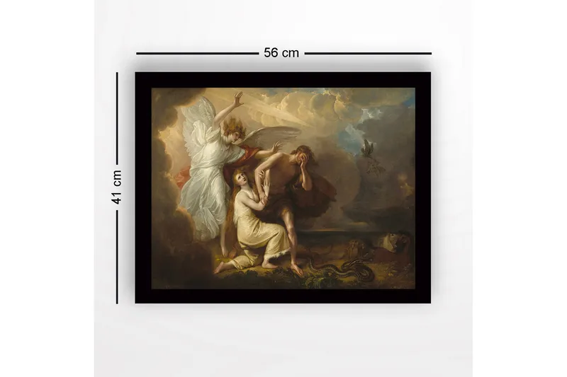 Indrammet trælærredstryk - 41x56 cm - Dramatisk øjeblik med en engel, der beskytter en kvinde og en mand i sorg - Lys beige / Mørkebrun / Hvid - Boligtilbehør - Billeder & kunst