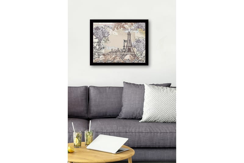 Indrammet trælærredstryk - 41x56 cm - Eiffeltårnet omgivet af blomster og vintage-elementer - Grå / Beige / Mørkegrøn - Boligtilbehør - Billeder & kunst