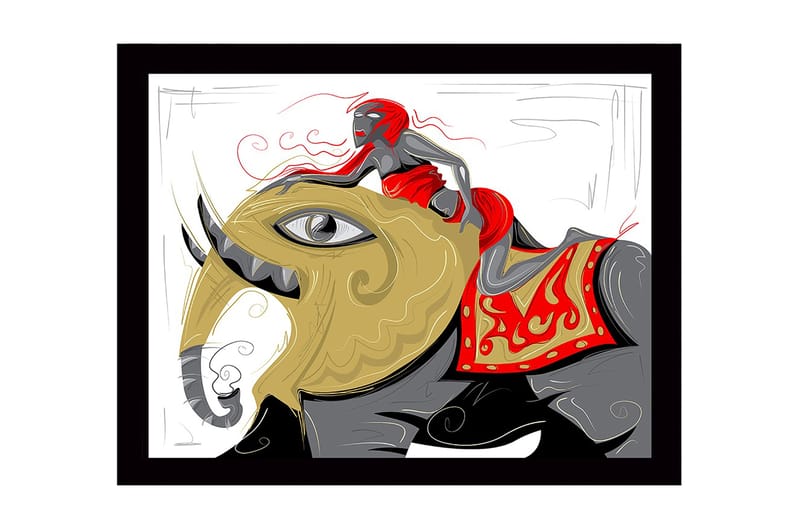 Indrammet trælærredstryk - 41x56 cm - Elefant med en kvinde i en rød kjole, der rider på dens ryg, Guld / Rød / Sort