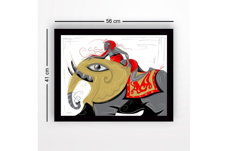 Indrammet trælærredstryk - 41x56 cm - Elefant med en kvinde i en rød kjole, der rider på dens ryg - Guld / Rød / Sort - Boligtilbehør - Billeder & kunst