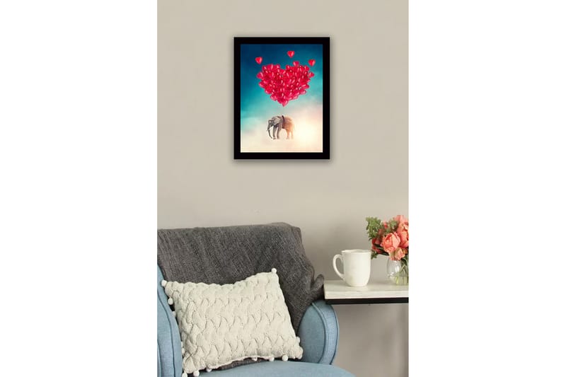 Indrammet trælærredstryk - 41x56 cm - Elefant svæver med hjerteformede balloner - Rød / Grå / Turkis - Boligtilbehør - Billeder & kunst