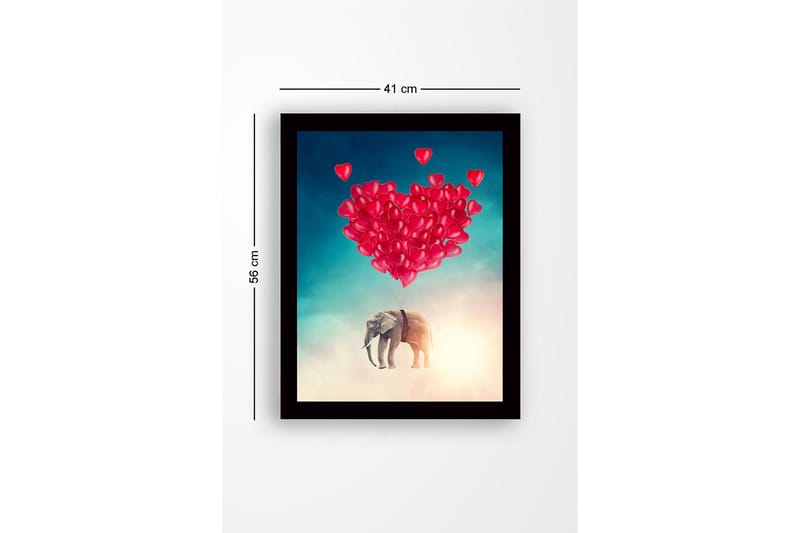 Indrammet trælærredstryk - 41x56 cm - Elefant svæver med hjerteformede balloner - Rød / Grå / Turkis - Boligtilbehør - Billeder & kunst