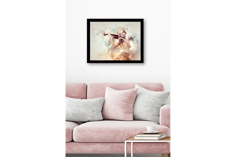 Indrammet trælærredstryk - 41x56 cm - Elegant kvinde der spiller violin omgivet af drømmeagtige skyer - Lys beige / Blød pink / Guld - Boligtilbehør - Billeder & kunst
