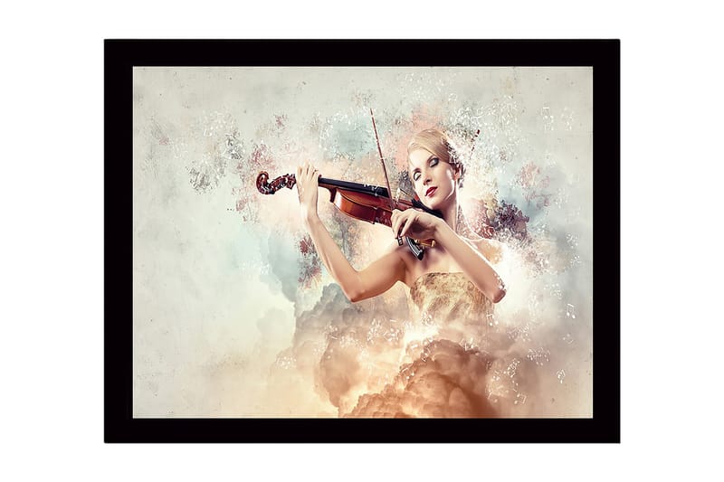 Indrammet trælærredstryk - 41x56 cm - Elegant kvinde der spiller violin omgivet af drømmeagtige skyer, Lys beige / Blød pink / Guld