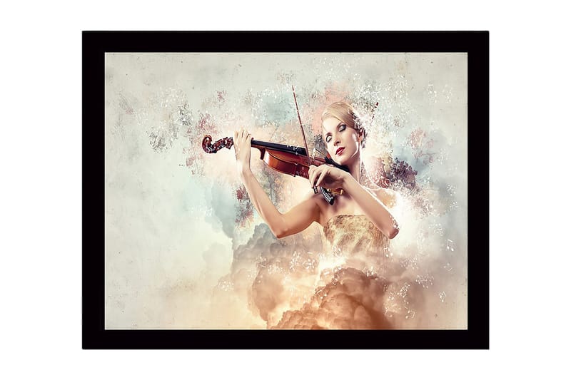 Indrammet trælærredstryk - 41x56 cm - Elegant kvinde der spiller violin omgivet af drømmeagtige skyer, Lys beige / Blød pink / Guld