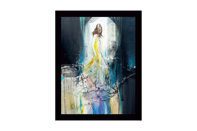 Indrammet trælærredstryk - 41x56 cm - Elegant kvinde i gul kjole, der bevæger sig gennem et drømmeagtigt miljø, Gul / Blå / Sort