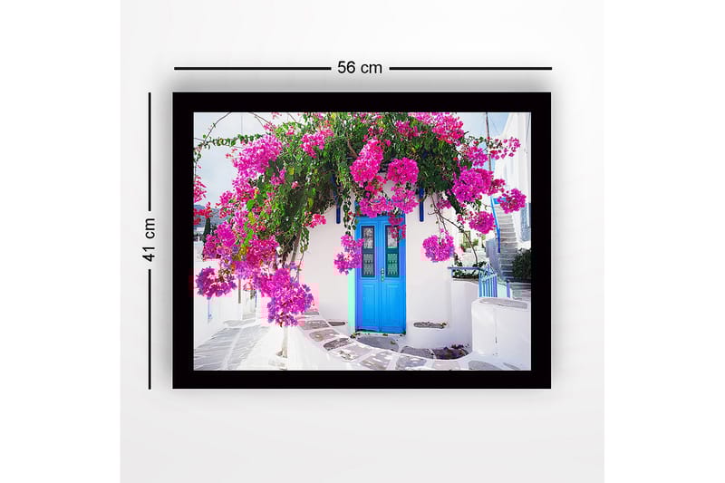 Indrammet trælærredstryk - 41x56 cm - Farverig bougainvillea hængende over en blå dør - Lyserød / Blå / Grøn - Boligtilbehør - Billeder & kunst
