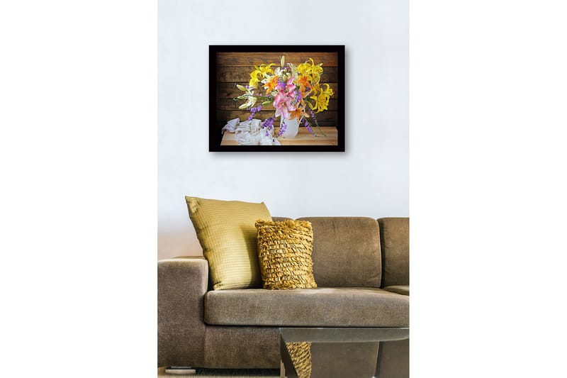 Indrammet trælærredstryk - 41x56 cm - Farverig buket blomster i en hvid vase - Gul / Lyserød / Lilla - Boligtilbehør - Billeder & kunst